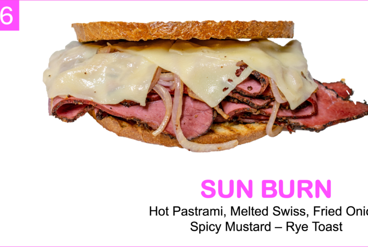 Hot Pastrami, Melted Swiss, Fried Onion, Spicy Mustard on a Toasted Rye Bread